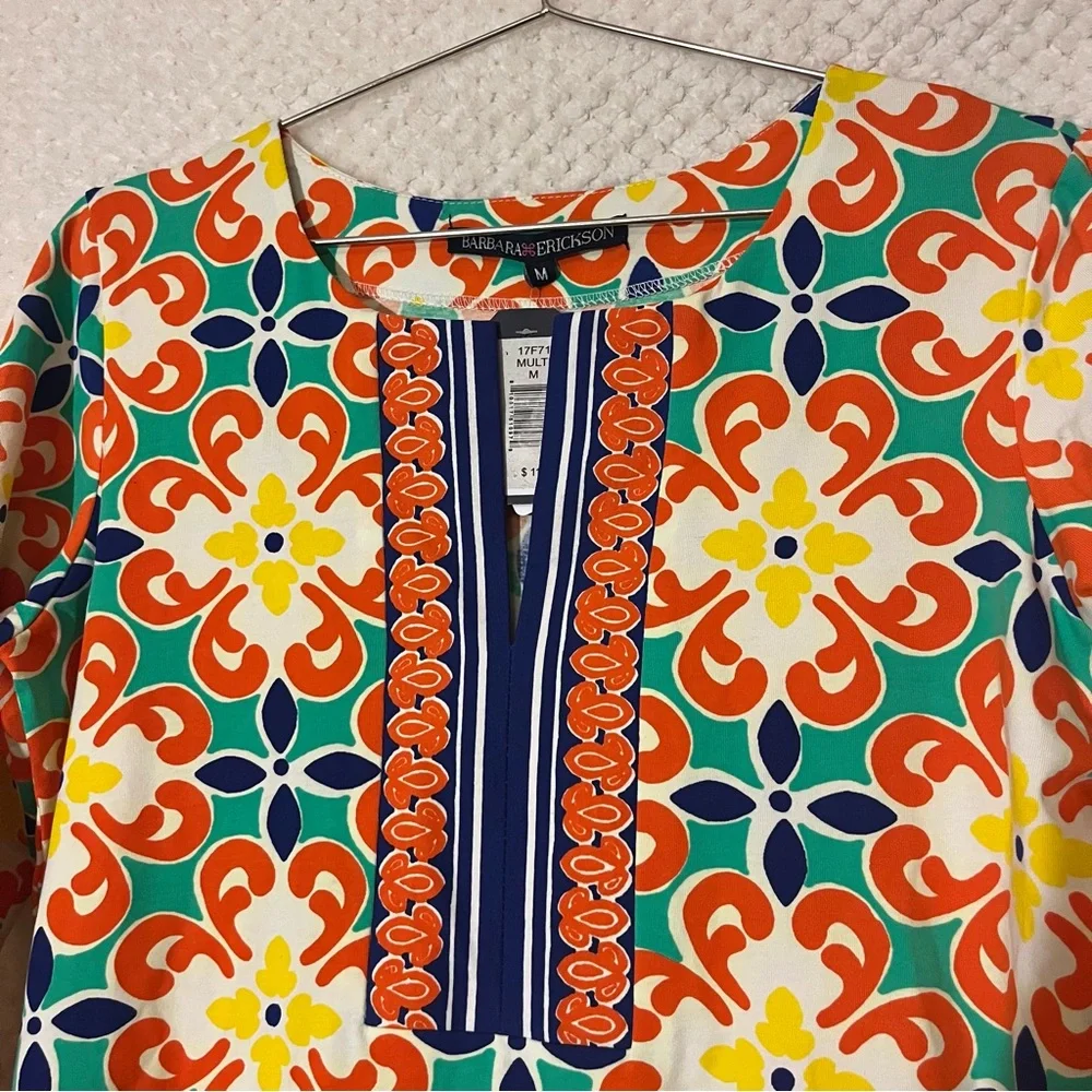 Barbara Erickson Womens Shift Dress Split Neck Cotton Blend Colorful Medium NWT - Picture 5 of 9